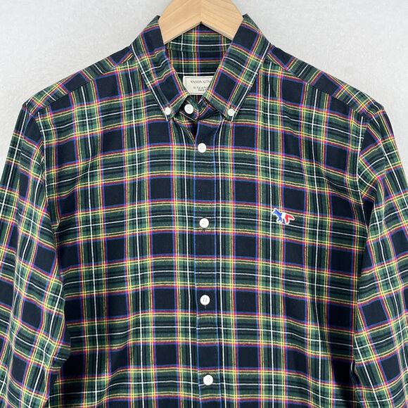 MAISON KITSUNE Shirt Mens 40 L Tartan Plaid Flannel Tricolor Fox Cotton Green - Picture 4 of 14